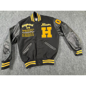 VTG DeLong Varsity Jacket Class of 2004 Black Gold Leather Wool USA Made Medium